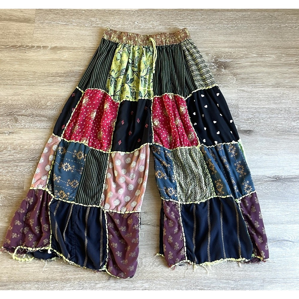 Wevez Wide Leg Patchwork Palazzo Pants Small Cropped Boho Gypsy Hippie Pull On**